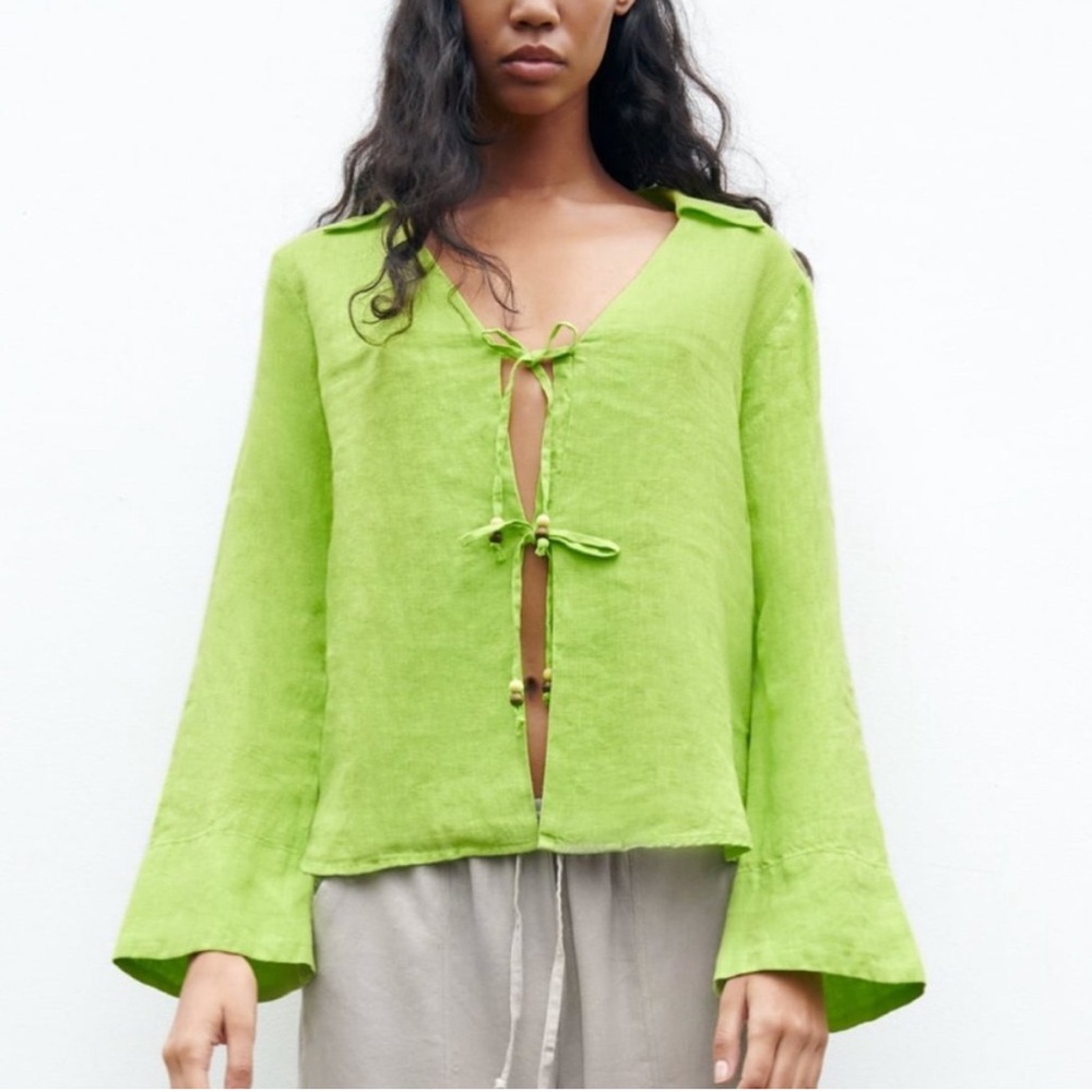 Zara tie front beaded linen blouse in lime green